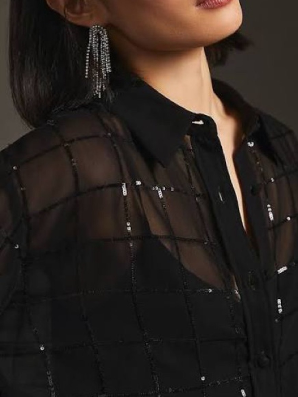 Anthropologie Black Sheer Windowpane Button-Up Top